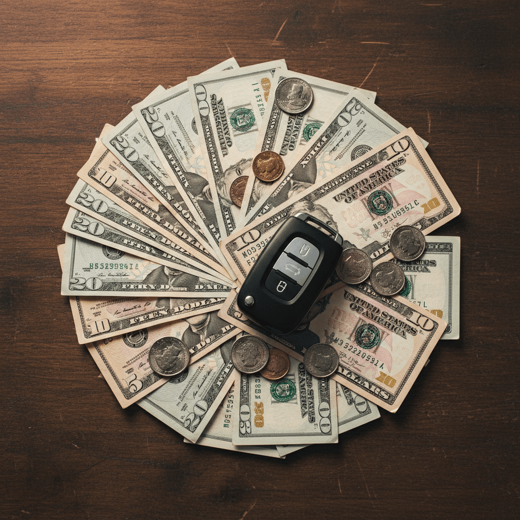 cash and car key on wooden table for Junk Cars Jimmy