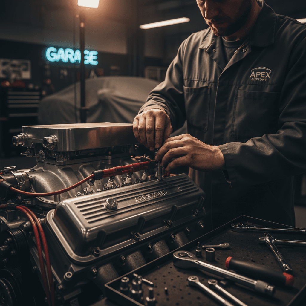 Professional automotive technician inspecting a vehicle in a well-lit repair shop